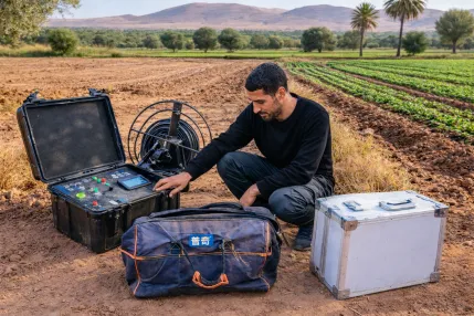 Détection eau souterraine Maroc par sourcier géophysicien sur terrain agricole près de Marrakech