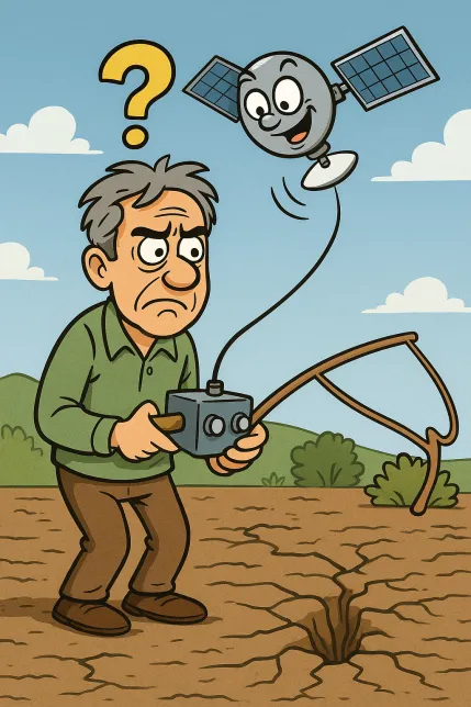 Dessin satirique dénonçant les fausses promesses de détection d’eau par satellite au Maroc