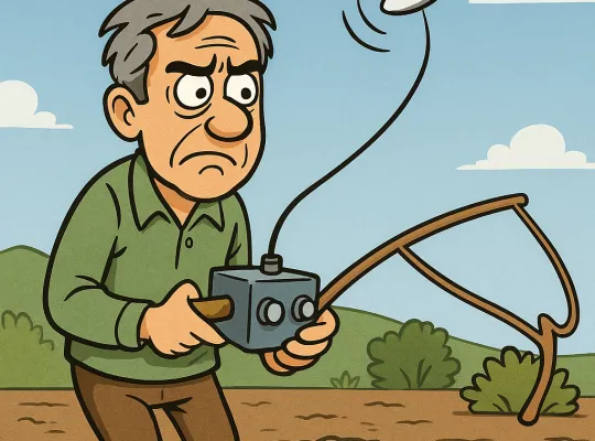 Dessin satirique dénonçant les fausses promesses de détection d’eau par satellite au Maroc