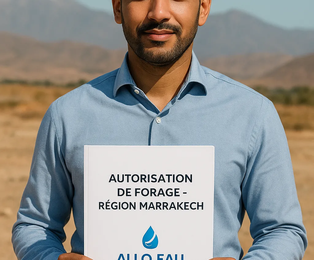 Homme marocain tenant un rapport de détection d’eau souterraine sur un terrain de Marrakech, Allo Eau Maroc.
