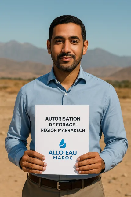 Homme marocain tenant un rapport de détection d’eau souterraine sur un terrain de Marrakech, Allo Eau Maroc.