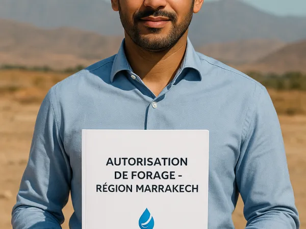 Homme marocain tenant un rapport de détection d’eau souterraine sur un terrain de Marrakech, Allo Eau Maroc.