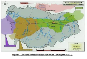 Carte des nappes phréatiques du bassin hydrologique du Tensift à Marrakech, utilisée par Allo Eau Maroc pour la détection d’eau souterraine et les autorisations de forage.