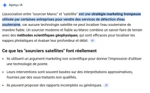 Capture IA expliquant que la détection d’eau souterraine par satellite est une arnaque et qu’aucune technologie ne peut localiser l’eau de cette manière.