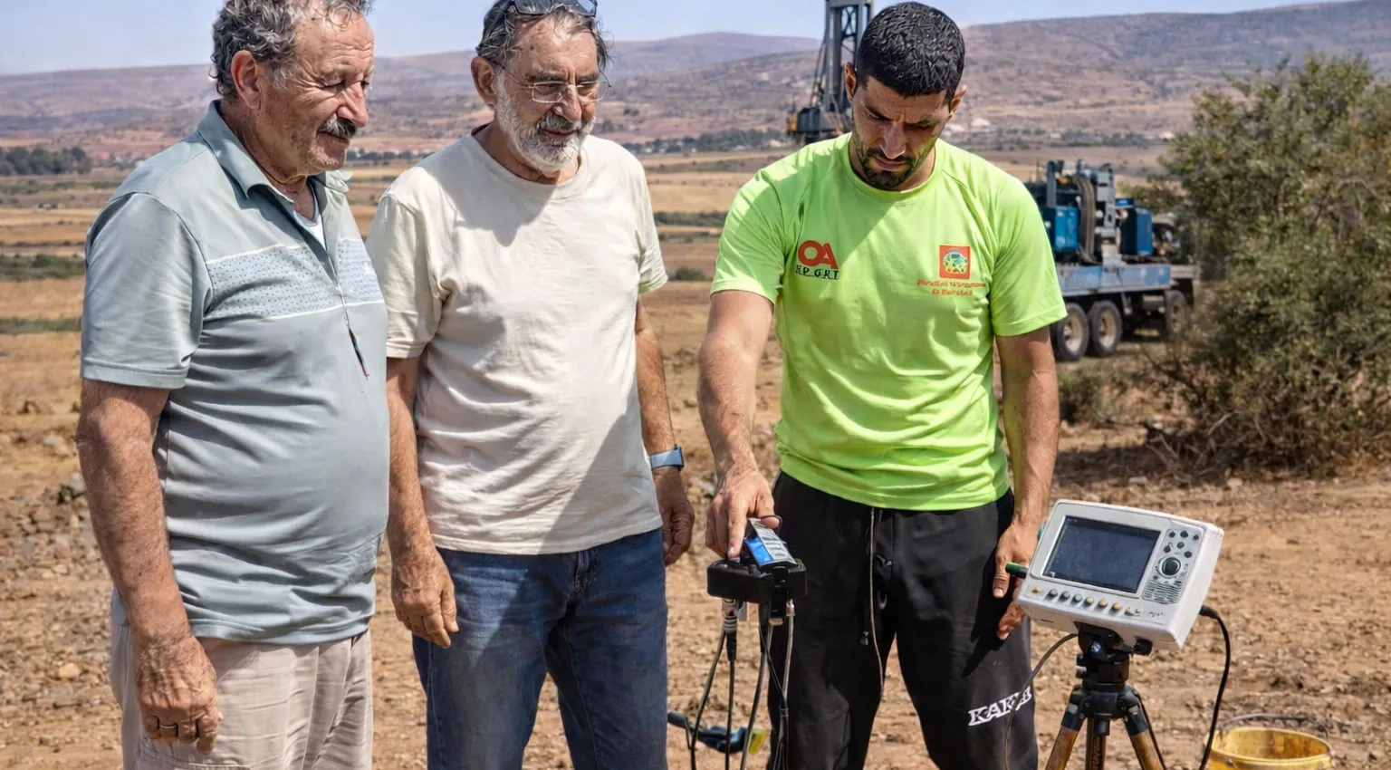 détection eau souterraine Maroc équipe géophysique avec appareil et foreuse arrière plan