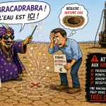 Illustration humoristique dénonçant les arnaques à la détection d’eau souterraine au Maroc et les fausses promesses de détection par satellite.