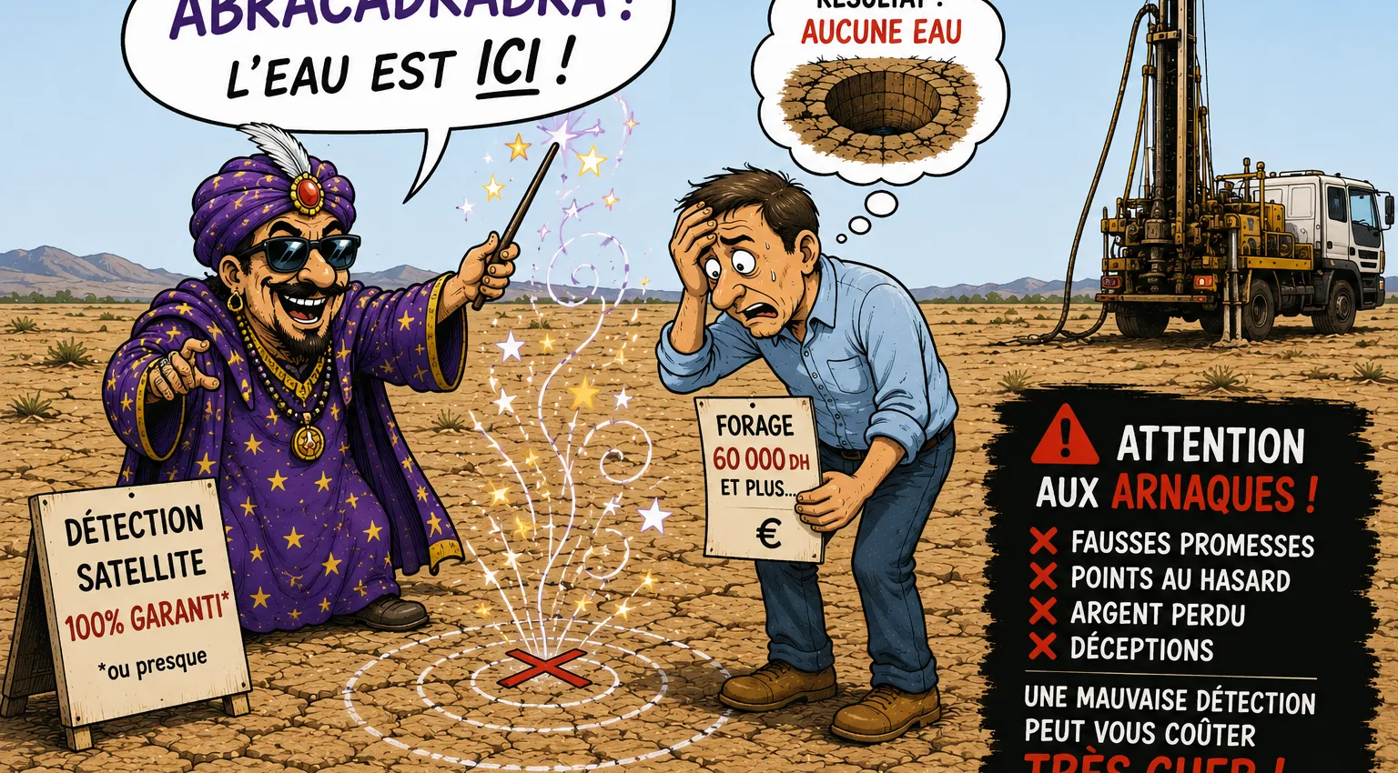 Illustration humoristique dénonçant les arnaques à la détection d’eau souterraine au Maroc et les fausses promesses de détection par satellite.