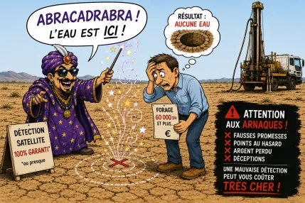 Illustration humoristique dénonçant les arnaques à la détection d’eau souterraine au Maroc et les fausses promesses de détection par satellite.