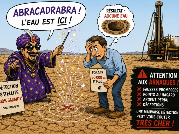 Illustration humoristique dénonçant les arnaques à la détection d’eau souterraine au Maroc et les fausses promesses de détection par satellite.