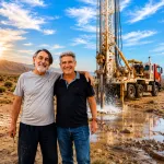 Pierre Cabana et son client devant une foreuse lors d'un projet de détection eau souterraine et forage au Maroc