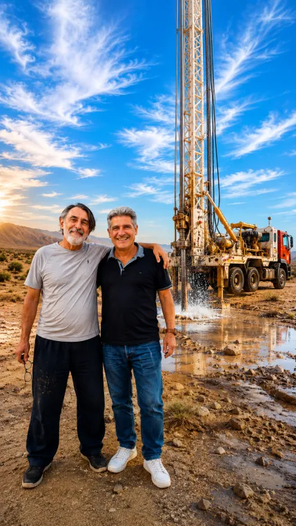 Pierre Cabana et son client devant une foreuse lors d'un projet de détection eau souterraine et forage au Maroc