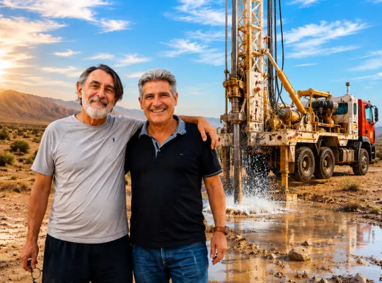 Pierre Cabana et son client devant une foreuse lors d'un projet de détection eau souterraine et forage au Maroc