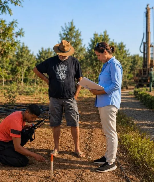 Karima Cabana avec un client lors d’une détection d’eau avant forage au Maroc