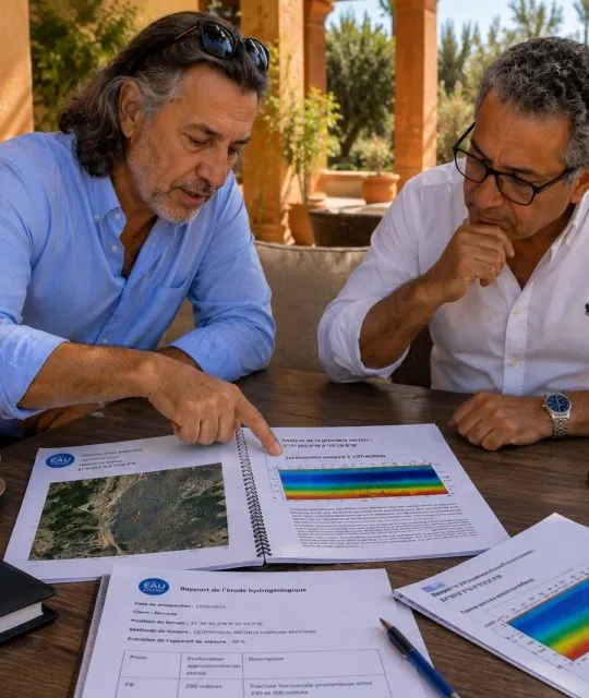 Pierre Cabana explique un rapport d’étude avant forage au Maroc
