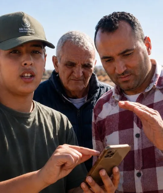 Détection d’eau souterraine au Maroc : illustration humoristique sur les fausses détections par satellite et les risques de forage sans étude géophysique sérieuse.