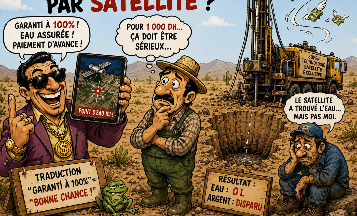 Détection d’eau souterraine au Maroc : illustration humoristique sur les fausses détections par satellite et les risques de forage sans étude géophysique sérieuse.