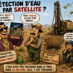 Détection d’eau souterraine au Maroc : illustration humoristique sur les fausses détections par satellite et les risques de forage sans étude géophysique sérieuse.