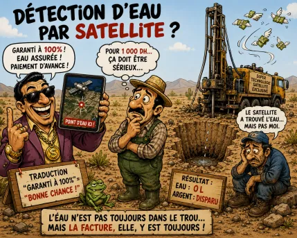 Détection d’eau souterraine au Maroc : illustration humoristique sur les fausses détections par satellite et les risques de forage sans étude géophysique sérieuse.