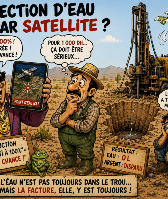 Détection d’eau souterraine au Maroc : illustration humoristique sur les fausses détections par satellite et les risques de forage sans étude géophysique sérieuse.