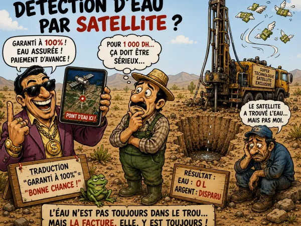 Détection d’eau souterraine au Maroc : illustration humoristique sur les fausses détections par satellite et les risques de forage sans étude géophysique sérieuse.