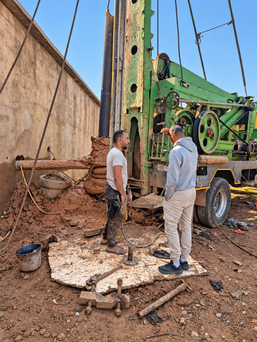Abdelmajid Cabana échange avec un foreur près d’une foreuse chez un client, route de l’Ourika à Marrakech.